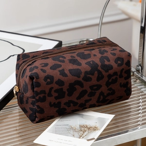 Leopard print makeup bag with large capacity and gold zipper for travel storage