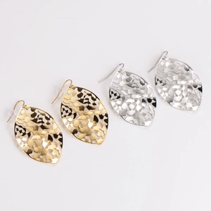 Hollow leaf-shaped stainless steel earrings in gold and silver finish with ear hooks