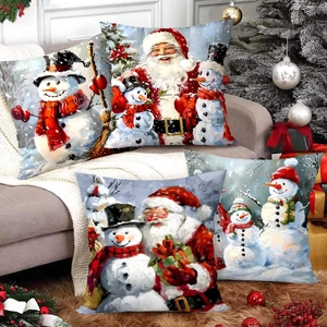 Set of 4 vintage Christmas pillow covers with Santa and snowman prints for festive decor