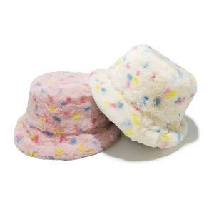 Women Bucket Hat Faux Rabbit Fur Colorful Polka Dot Winter Warm Thickened Windproof Outdoor Fashionable