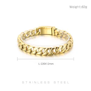 Detailed view of 12mm gold Cuban link bracelet made of 316L stainless steel