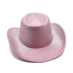Detail of pink metallic textured cowboy hat featuring shiny woven patterns and wide brim