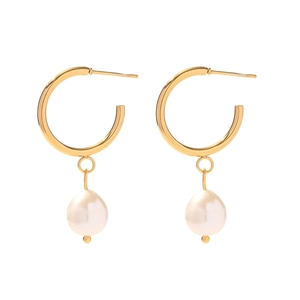 Elegant French vintage gold C-shape hoop earrings with irregular white freshwater pearls
