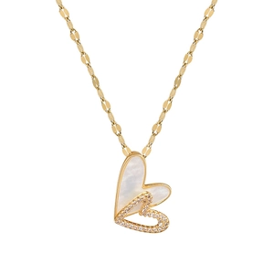 Double-layered gold heart necklace with white shell inlay and sparkling crystals
