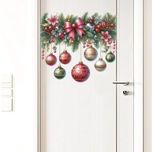 Sticker de porte de Noël avec nœud rouge, aiguilles de pin et boules décoratives