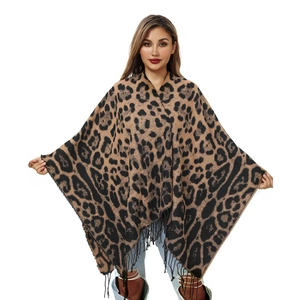 Vintage Leopard Print Faux Cashmere Poncho Shawl For Women Winter Warm Tassel Cape Knitted Wrap Scarf Outdoor Wear