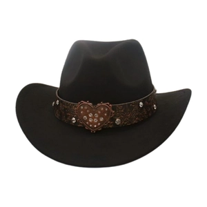 Macro shot of wide brim wool felt cowboy hat with diamond heart buckle and leather band