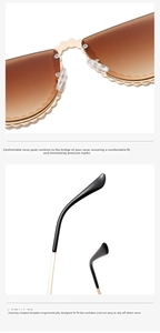 Detail view of comfortable nose pads and ergonomic temple tips on rimless cat eye sunglasses