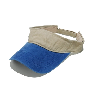 Detailed view of women's retro washed blue and tan sun visor hat with adjustable strap