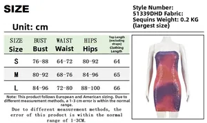 Detailed size chart for strapless sequin dress showing bust, waist and hip measurements