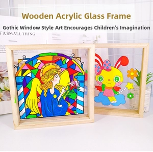 Detail of wooden acrylic picture frame with colorful stained glass and rabbit art