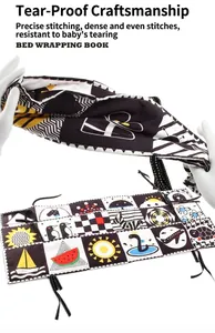Close-up of high-contrast black and white baby cloth book showing tear-resistant durability