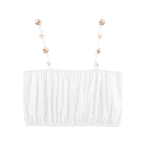 Weißes Crop Top mit goldenen Muschel-Details und Plissee-Struktur für Strandlooks