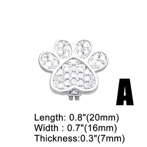 Detailed view of paw print charm with clear cubic zirconia and dimensions 20mm by 16mm