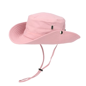Detail of pink wide brim sun hat with adjustable chin strap and metal side buttons