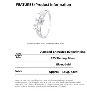 Macro shot of 925 sterling silver butterfly ring with dimensions and zircon inlay details