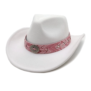 White cowboy hat detail with pink herringbone band and vintage metal buckle accents