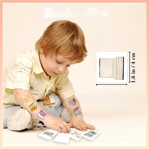 Detail showing individual 1.6 inch reading tattoos and clear product size specifications