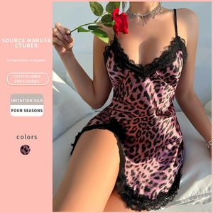 Pink leopard print imitation silk slip nightgown with black lace trim and V-neckline