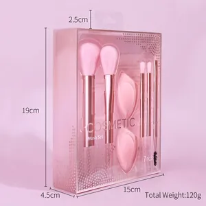 Pink 7-piece makeup brush and sponge set in a 15x4.5x19cm transparent gift box