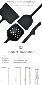 Detailed size specifications for a 5-piece silicone kitchen utensil set with dimensions