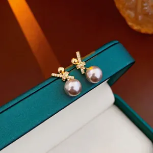 French Retro Grey Faux Artificial Pearl Drop Earrings With Silver Earring Post 18K Gold Plated Copper Zircon Elegant Jewelry