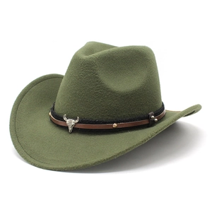Detail of army green wool felt cowboy hat with metal bull skull and leather braided band