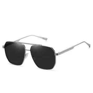 Modern silver aviator sunglasses with polarized polygonal gray lenses and double bridge