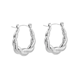 Detailed view of silver twisted hoop earrings with a high-polish stainless steel finish