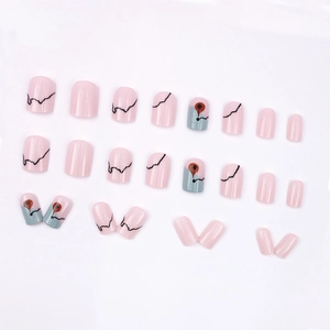 Abstract pattern pink press-on nails with modern black lines and geometric dot art