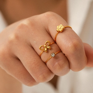 Stackable Rings 18K Gold Plated Stainless Steel Flower Bow Cubic Zirconia For Women Elegant INS Style Jewelry