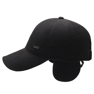 Winter thermal baseball cap with ear flaps for men in black fabric with fashion logo
