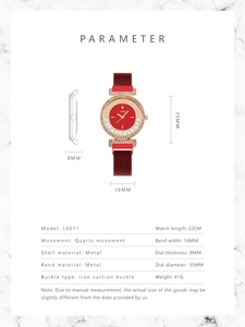 Dimensions détaillées de la montre rouge à maille milanaise avec lunette strassée