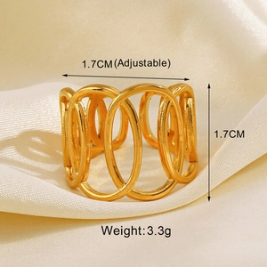 Detail view of adjustable gold-tone hollow ring with cross-oval geometry and dimensions