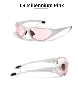 Macro view of metallic silver frames with pink lenses and Y2K millenium style details