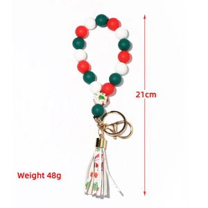 Christmas silicone bead keychain wristlet with festive wooden beads and leather tassel