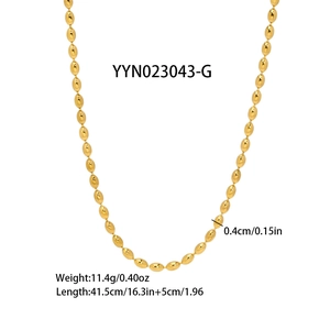 Detail shot of 18K gold plated oval bead chain necklace with size and weight dimensions