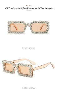 Macro shot of rectangular amber sunglasses with white rhinestones on the frame