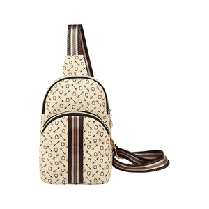 Off-white fanny pack with equestrian print and colorful webbing strap on white background