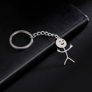 Polished stainless steel smiley stick figure keychain with rebellious middle finger design