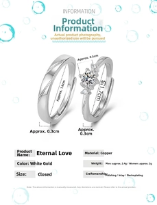 Detailed specs of silver couples rings featuring dimensions and white gold plating info