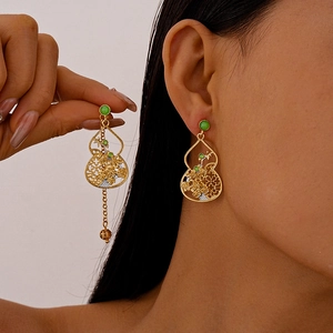 Hollow Gourd Drop Earrings Alloy With Silver Earring Post Green Beads Asymmetric Tassel New Chinese Style For Women
