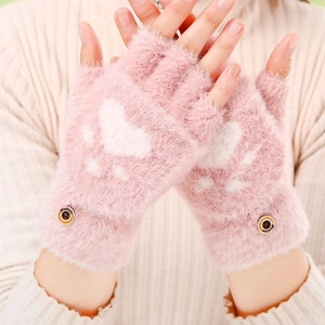 Cute pink cat paw gloves with fluffy material and thick fleece lining for winter warmth