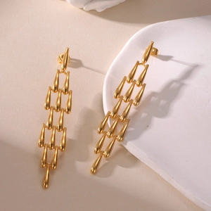 Long gold droplet tiered earrings in 18K plated stainless steel with high polish finish