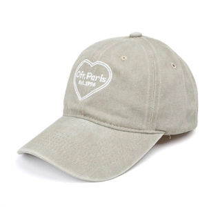 Detail of Ofr. Paris heart embroidery on washed cotton retro baseball cap in grey