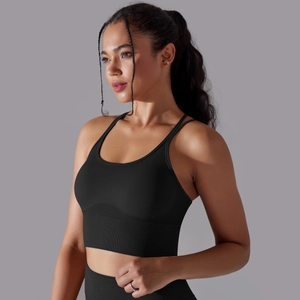 Détail d'un soutien-gorge de sport noir avec doubles bretelles croisées et bande côtelée