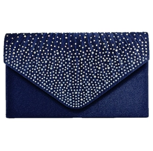 Detail of the navy blue satin envelope clutch with radial rhinestone patterns