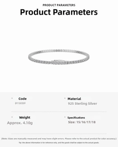 Detailed specs of 925 sterling silver tennis bracelet with 4.10g weight and round zircons