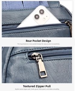 Detalle de mochila de cuero azul oscuro con bolsillo trasero con cremallera y herrajes metálicos