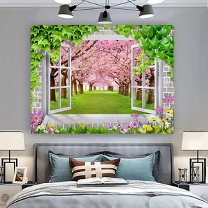 Dettaglio dell'arazzo 3D con vista su viale di ciliegi in fiore per la camera da letto